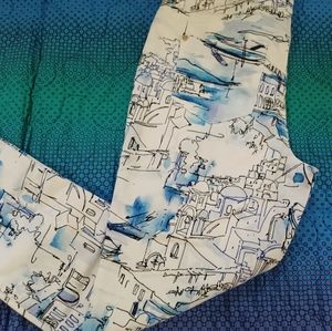 Chico's so slimming girlfriend ankle pants Greek island print Mykonos white blue